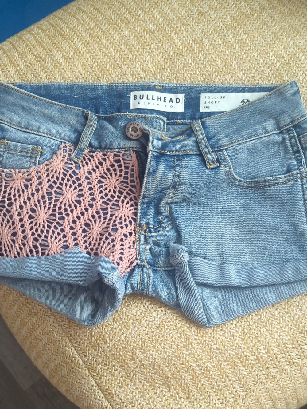 Bull Head Light Blue Denim Roll-Up Shorts with Pink Crochet Panel